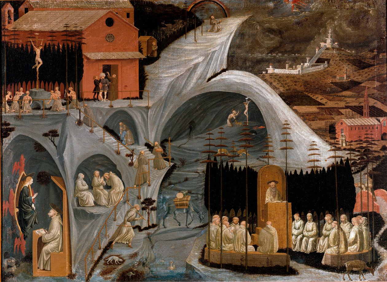 Scene med eremittisk liv eller Thebaide (ørkenen i Syria eller levde eremitten til Saint Hieronymus): skildring av scener av livet til munker og helgener, til venstre nederst, ser jomfruen til Saint Bernard av Clairvaux (San Bernardo di Chiaravalle) ), Sai av Paolo Uccello
