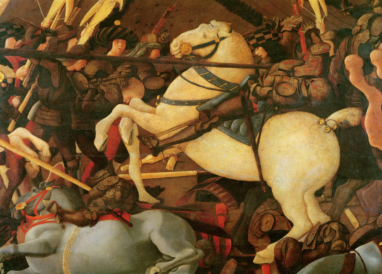 Slaget ved San Romano, detalj av Bernardino della Ciarda slo av hesten hans, ca. 1456, tempera på panel av Paolo Uccello