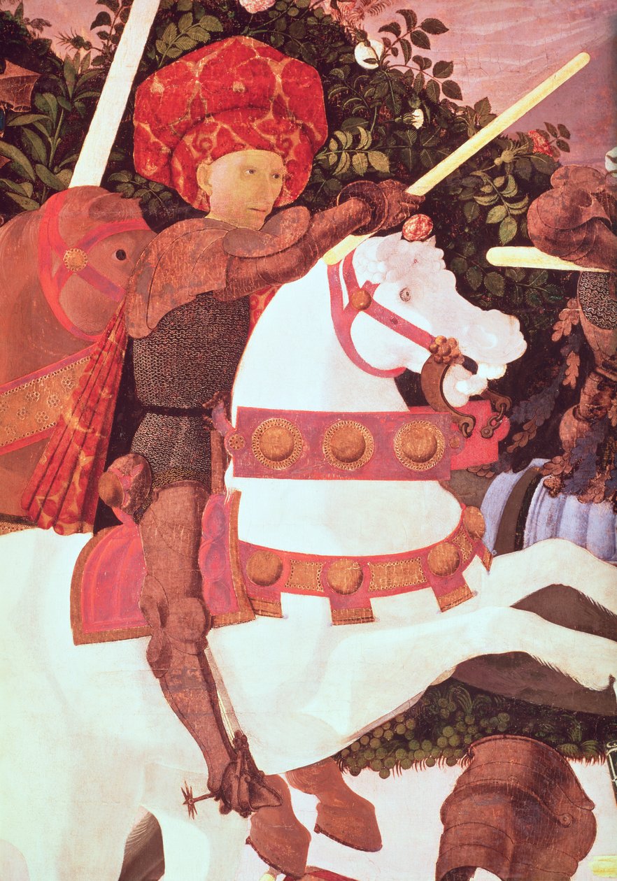 Slaget ved San Romano, detalj av Niccolo da Tolentino d.1435, leder av de florentinske leiesoldatene, ca. 1450-60 tempera på paneldetalj av 30690 av Paolo Uccello