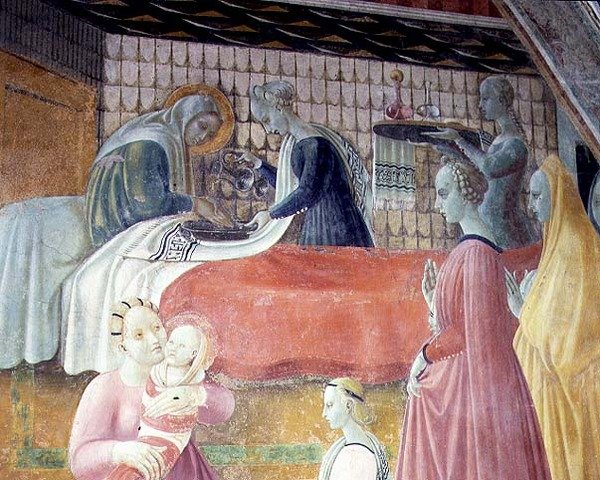 Jomfruens fødsel, detalj fra syklusen The Lives of The Virgin and St. Stephen, fra Cappella dell"Assunta av Paolo Uccello