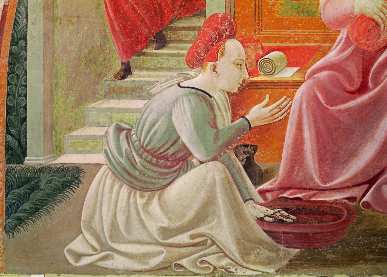 Jomfruens fødsel, detalj av en sittende tjenestepike, fra freskesyklusen til Jomfruens liv og St. Stefanus fra Cappella dellAssunta-kapellet til himmelfarten 1433-34 freskomalerien av Paolo Uccello