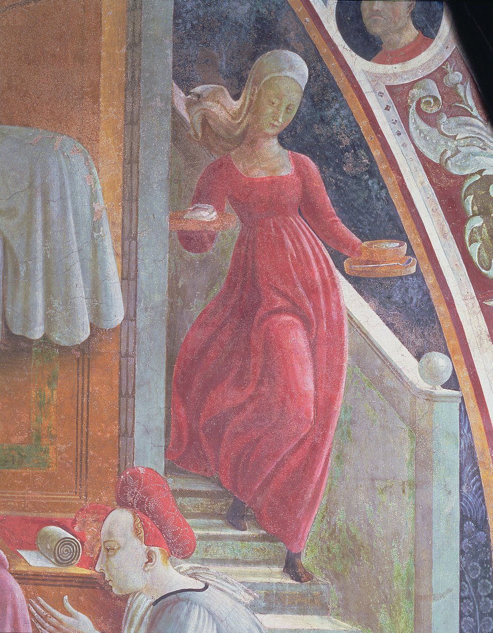 The Birth of the Virgin, detalj av en tjenestejente fra fresko-syklusen The Lives of the Virgin og St. Stephen, fra Cappella dell" Assunta av Paolo Uccello