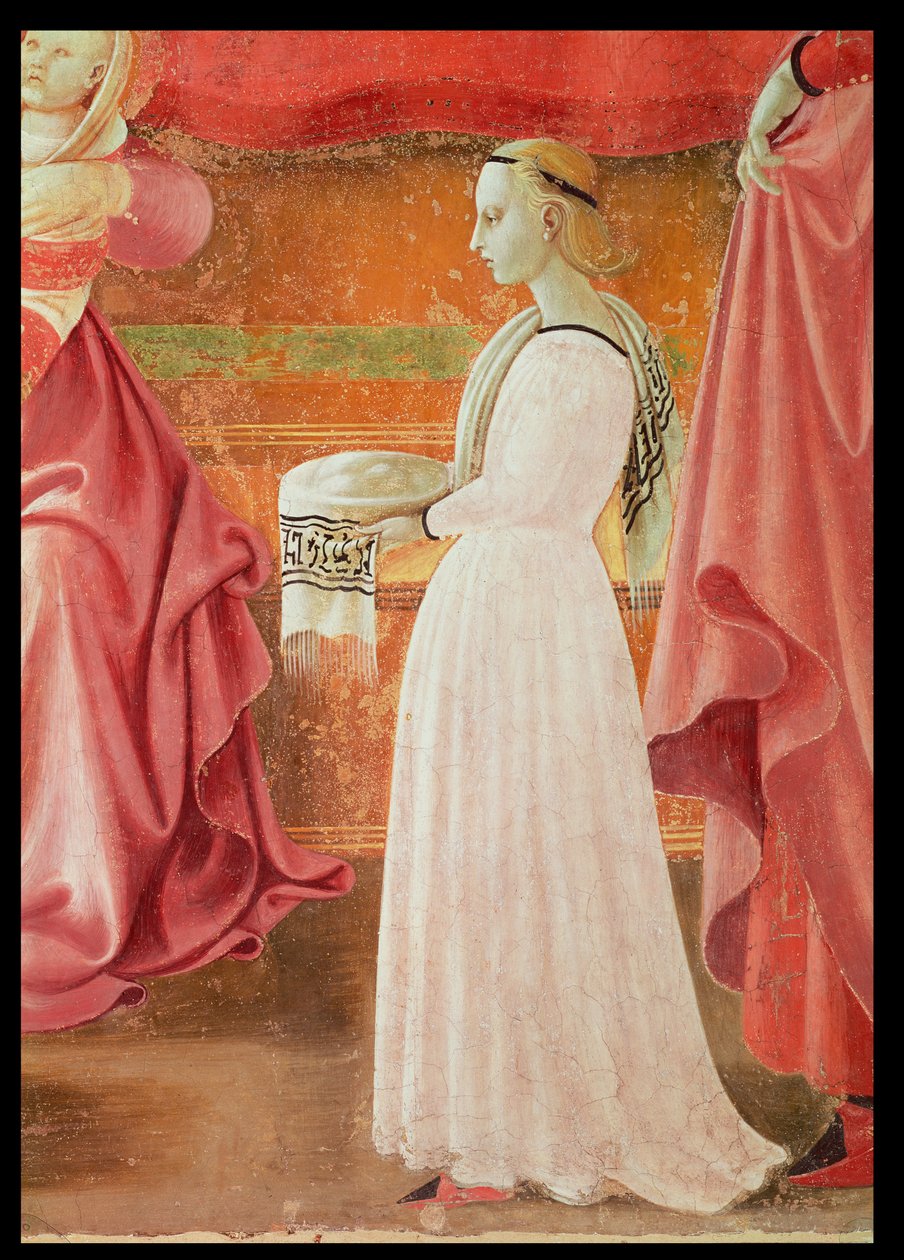The Birth of the Virgin, detalj av en stående tjenestepike fra freskosyklusen til Jomfruens liv og St. Stefanus, fra Cappella dellAssunta kapell av Assumption 1433-34 fresco av Paolo Uccello