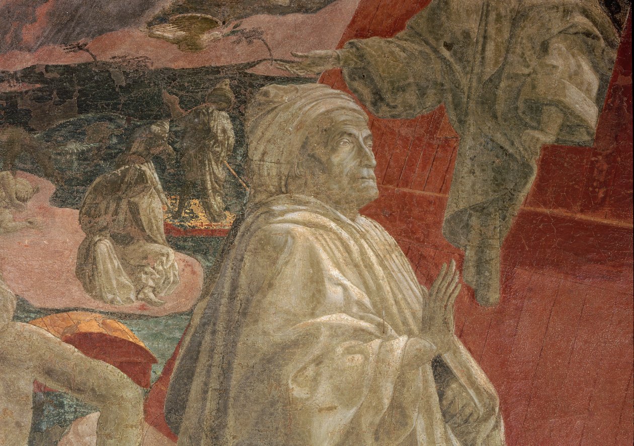 Vannets flom og synking og Noahs offer og drukkenskap, detalj av en bedende figur, lunettefresco av Paolo Uccello