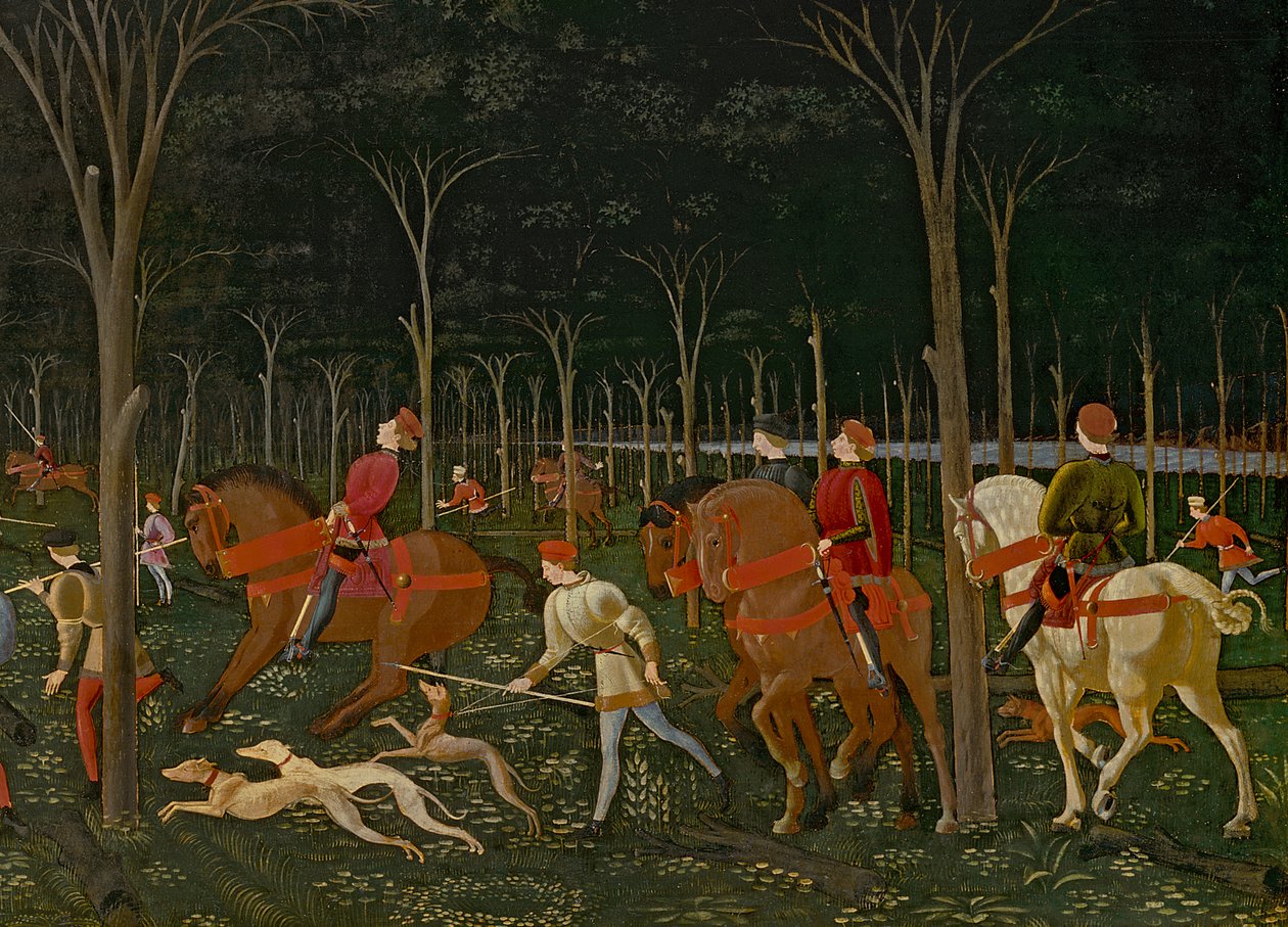The Hunt in the Forest, ca. 1465-70 olje på paneldetalj av 100861 av Paolo Uccello