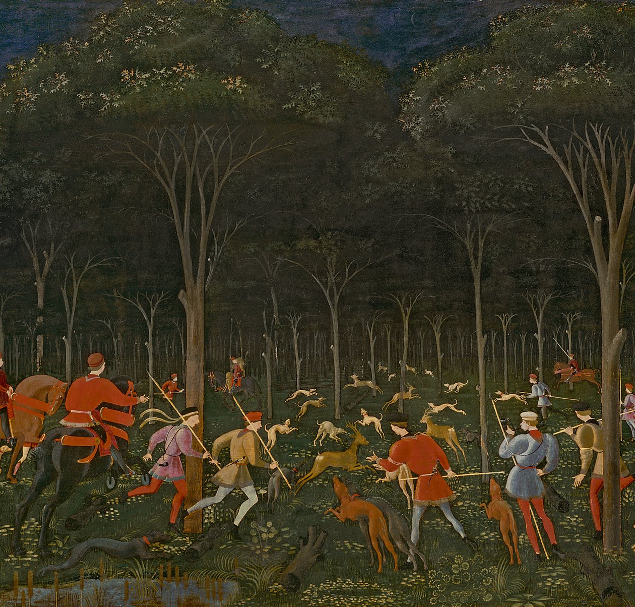 The Hunt in the Forest, ca. 1465-70 olje på paneldetalj av 100861 av Paolo Uccello