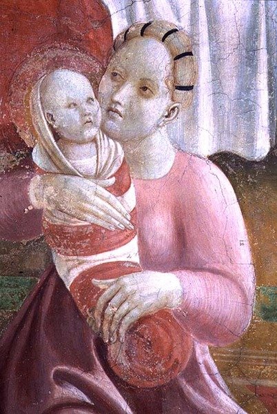 The Lives of The Virgin and St. Stephen, detalj som viser en mor og et barn, fra Cappella dell"Assunta av Paolo Uccello