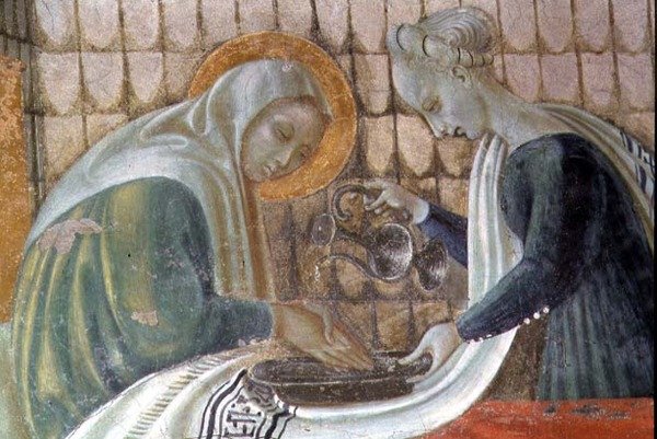 Jomfruens fødsel, detalj som viser St. Anne som vasker hendene, fra Himmelfartskapellet, 1433-34 av Paolo Uccello