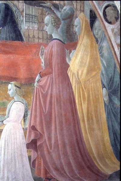 Jomfruens fødsel, detalj som skildrer kvinnene i donorfamilien, fra Himmelfartens kapell av Paolo Uccello