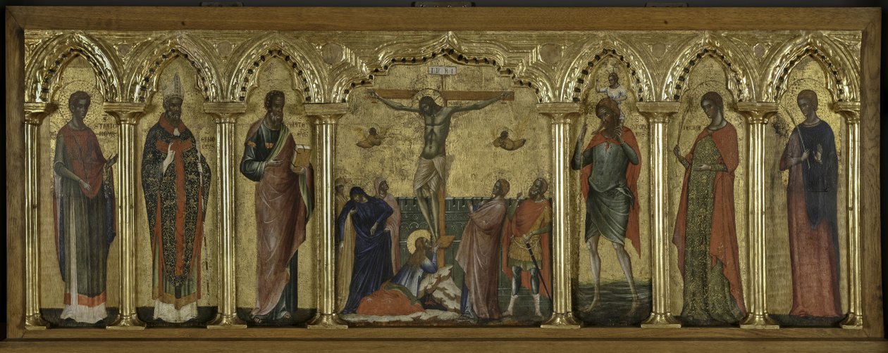 St Stratonicus, St Hermolaus, St Matthew, St Cristopher, St Thecla and St Abundius, Polyptych of the Crucifixion with Saints av Paolo Veneziano