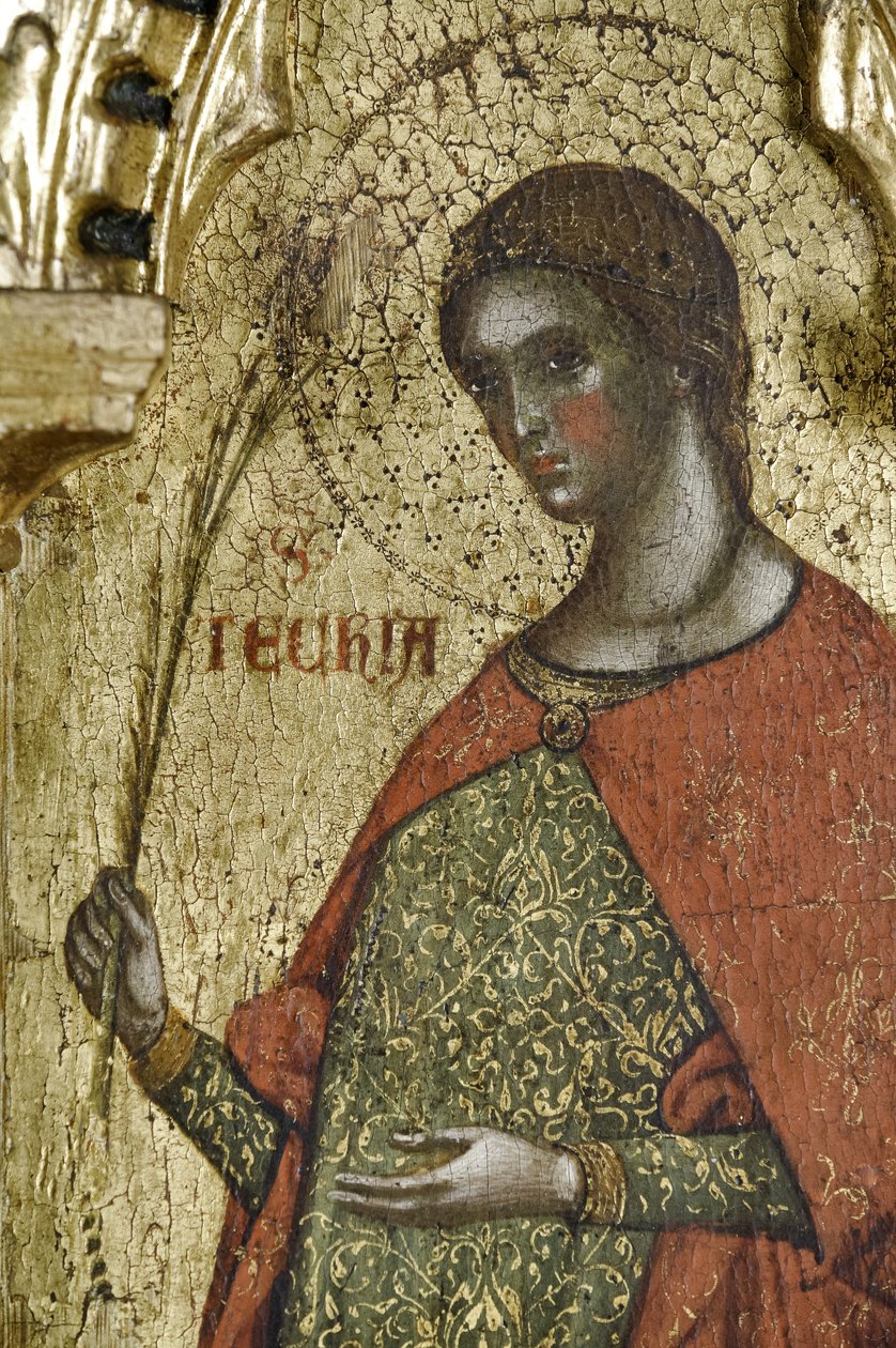 St Thecla, detalj fra 1630100 Polyptych of the Crucifixion with Saints av Paolo Veneziano