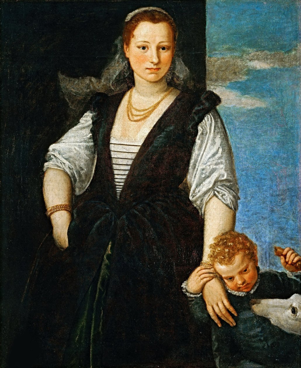 Portrett av en kvinne med et barn og en hund Isabella Guerrieri Gonzaga Canossa, 1547-1548. av Paolo Veronese