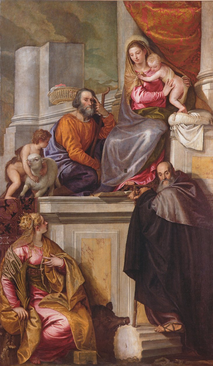 Den hellige familie med St. Johannes døperen, St. Anthony Abbed og St. Catherine, 1551 av Paolo Veronese