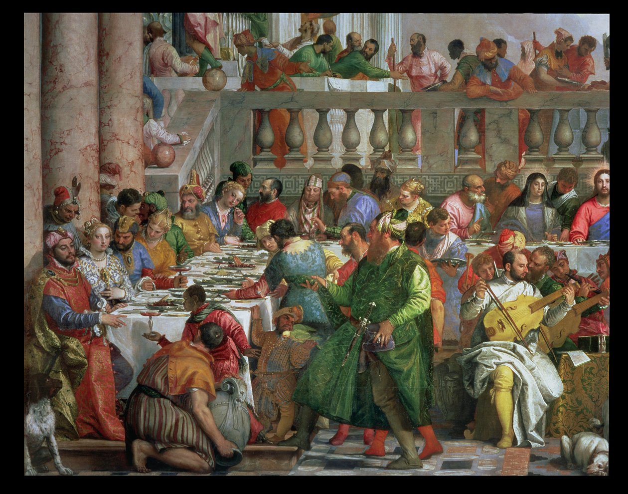 The Marriage Feast at Cana, detalj av bankettbord med mann i en grønn kappe og dverg med en papegøye, c.1562 olje på lerret detalj av 94932 av Paolo Veronese