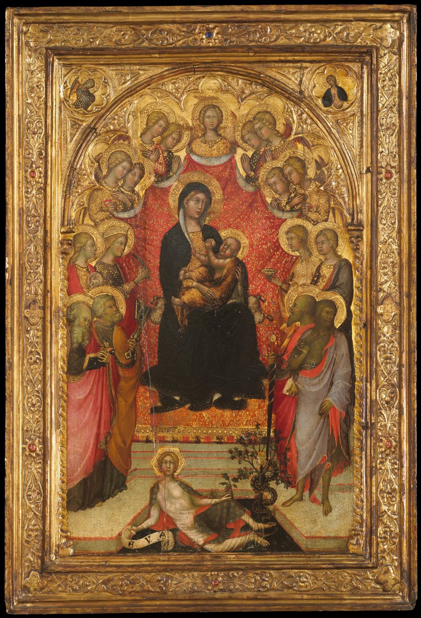 Madonna og barn på tronen med Johannes evangelisten, Sankt Peter, Sankt Agnes..., c1385-90. av Paolo di Giovanni Fei