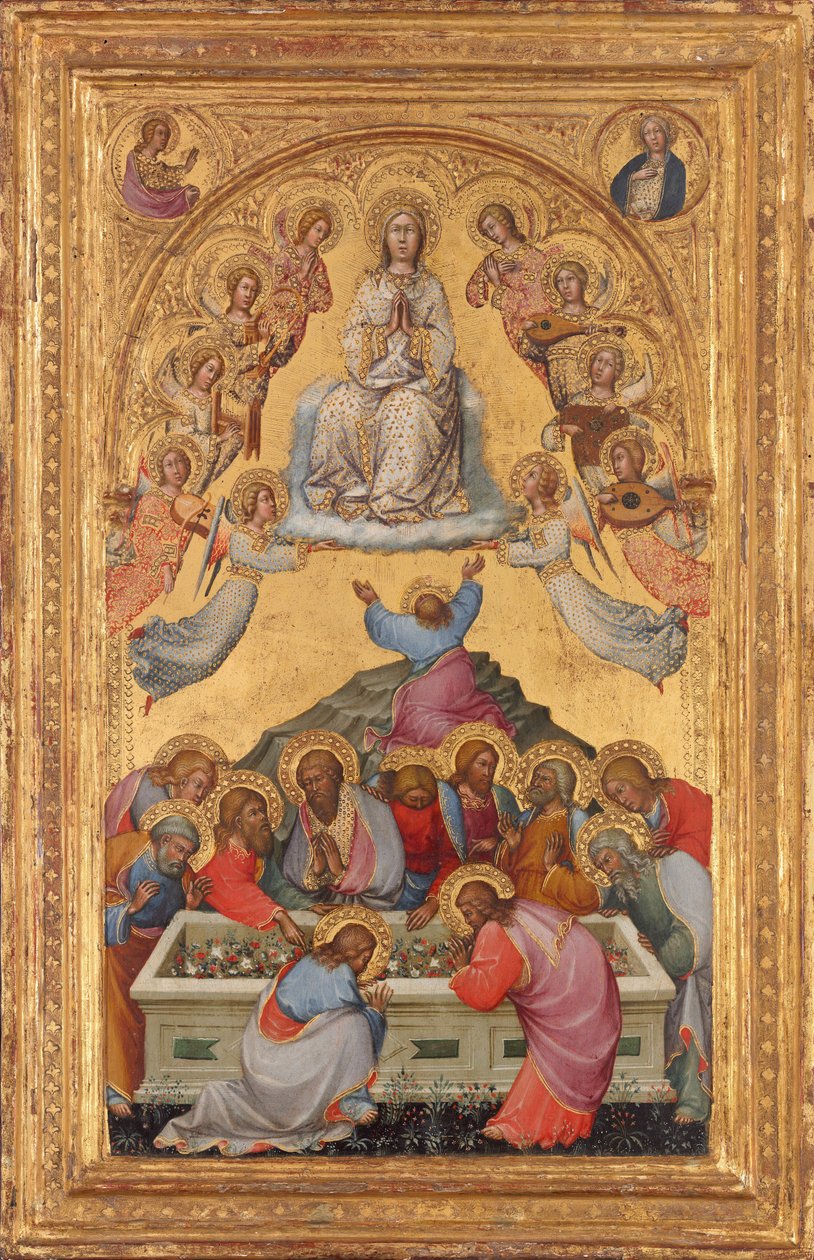 Jomfruens antagelse med byster av erkeengelen Gabriel og jomfruen til..., ca. 14001405. av Paolo di Giovanni Fei