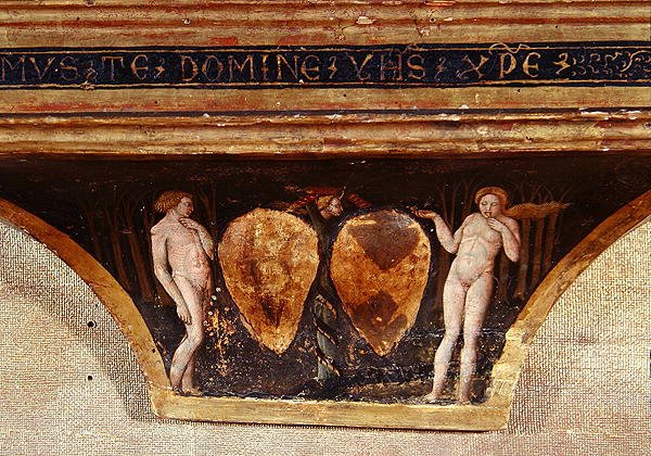 Adam og Eva, fra The Virgin of Humility with Angels and Saints, ca. 1440 (tempera med gull på panel) (detalj) av Paolo di Stefano Badaloni Schiavo