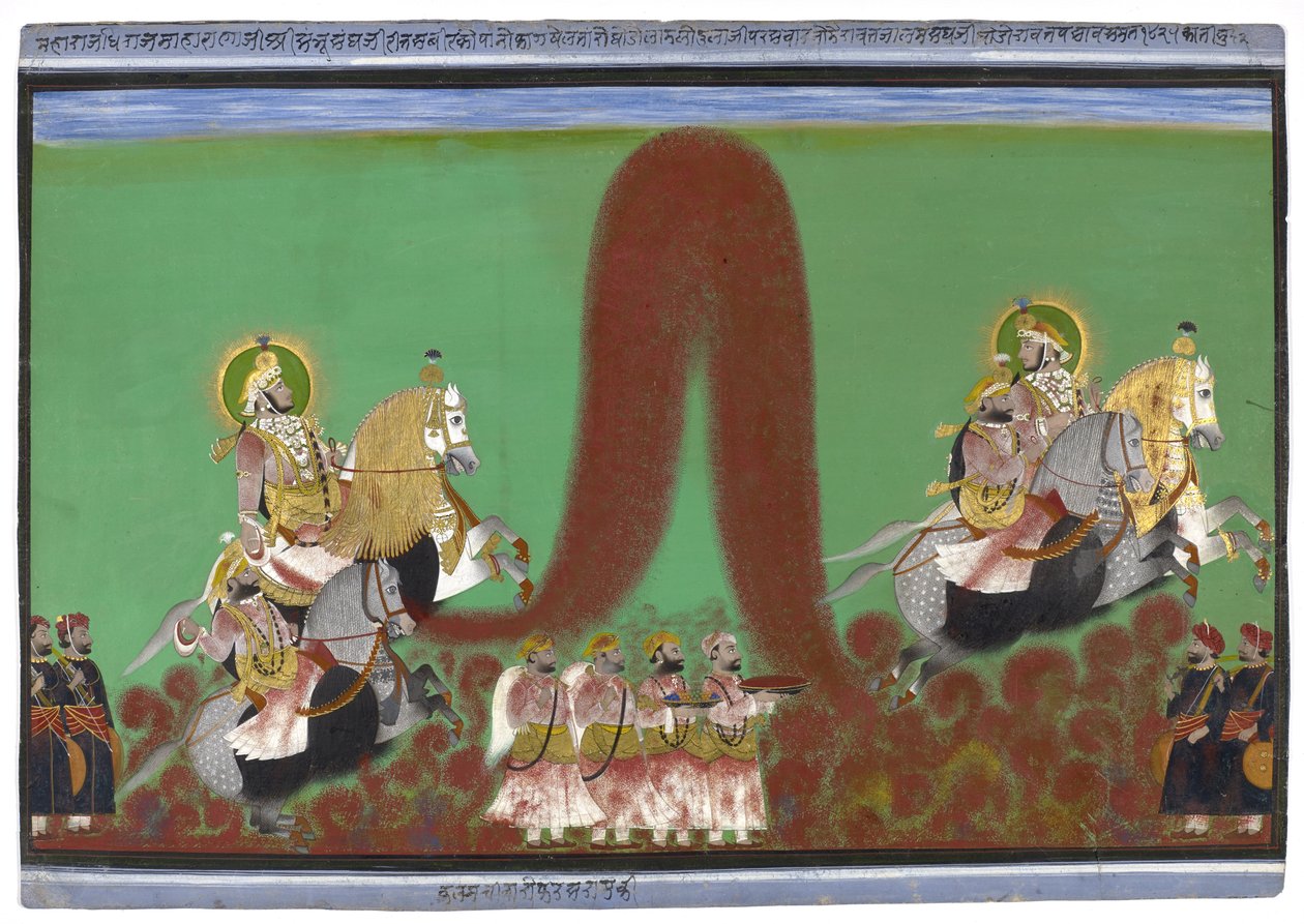 Maharana Shambhu Singh fra Mewar Playing Holi, 1868-69 (gouache med gull på papir) av Parasuram Parasuram
