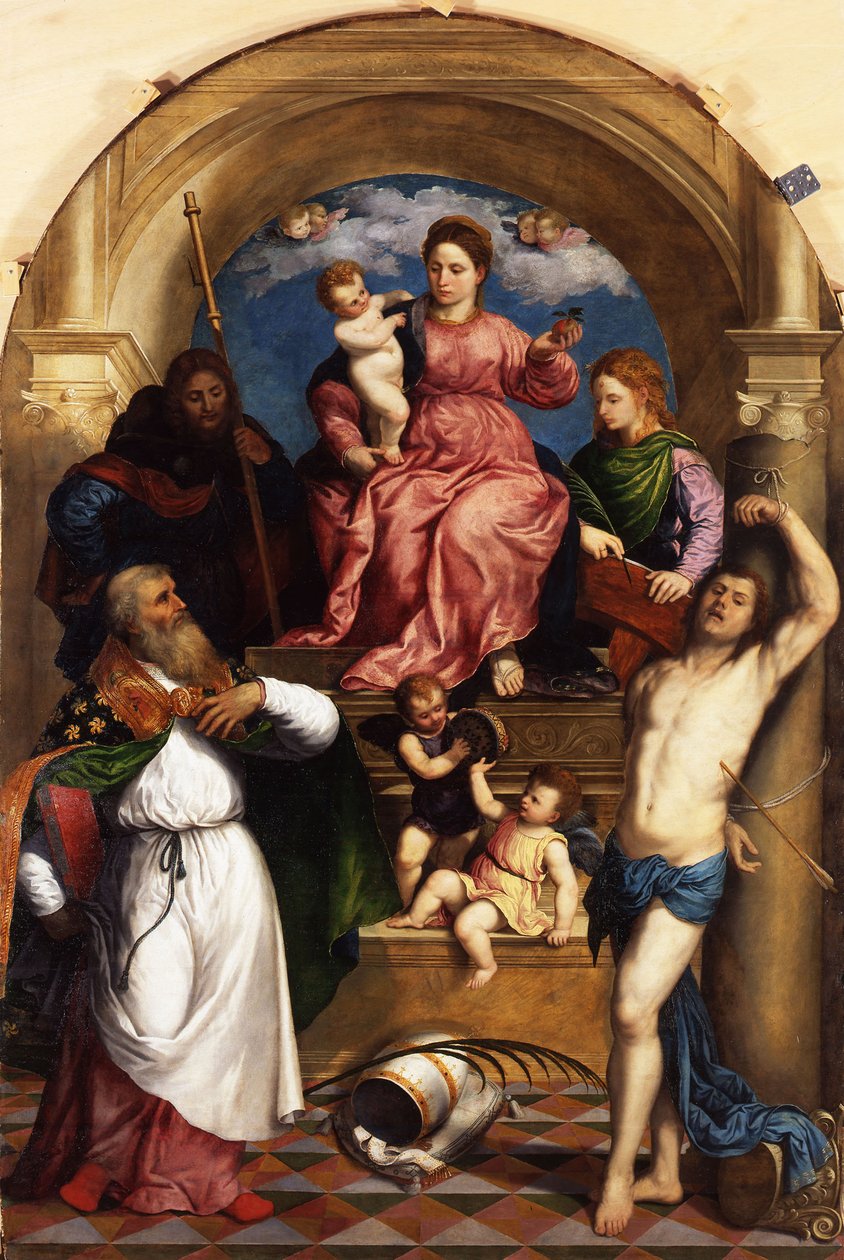 Enthroned Madonna with Child and Saints av Paris Bordone