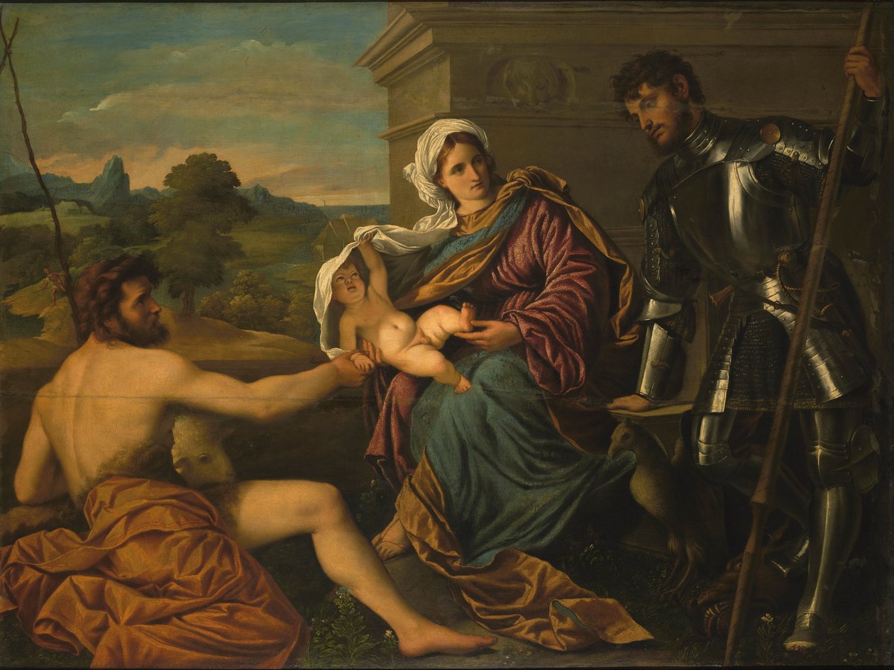 Madonna og barn med Saint John the Baptist og Saint George (Holy Conversation) av Paris Bordone