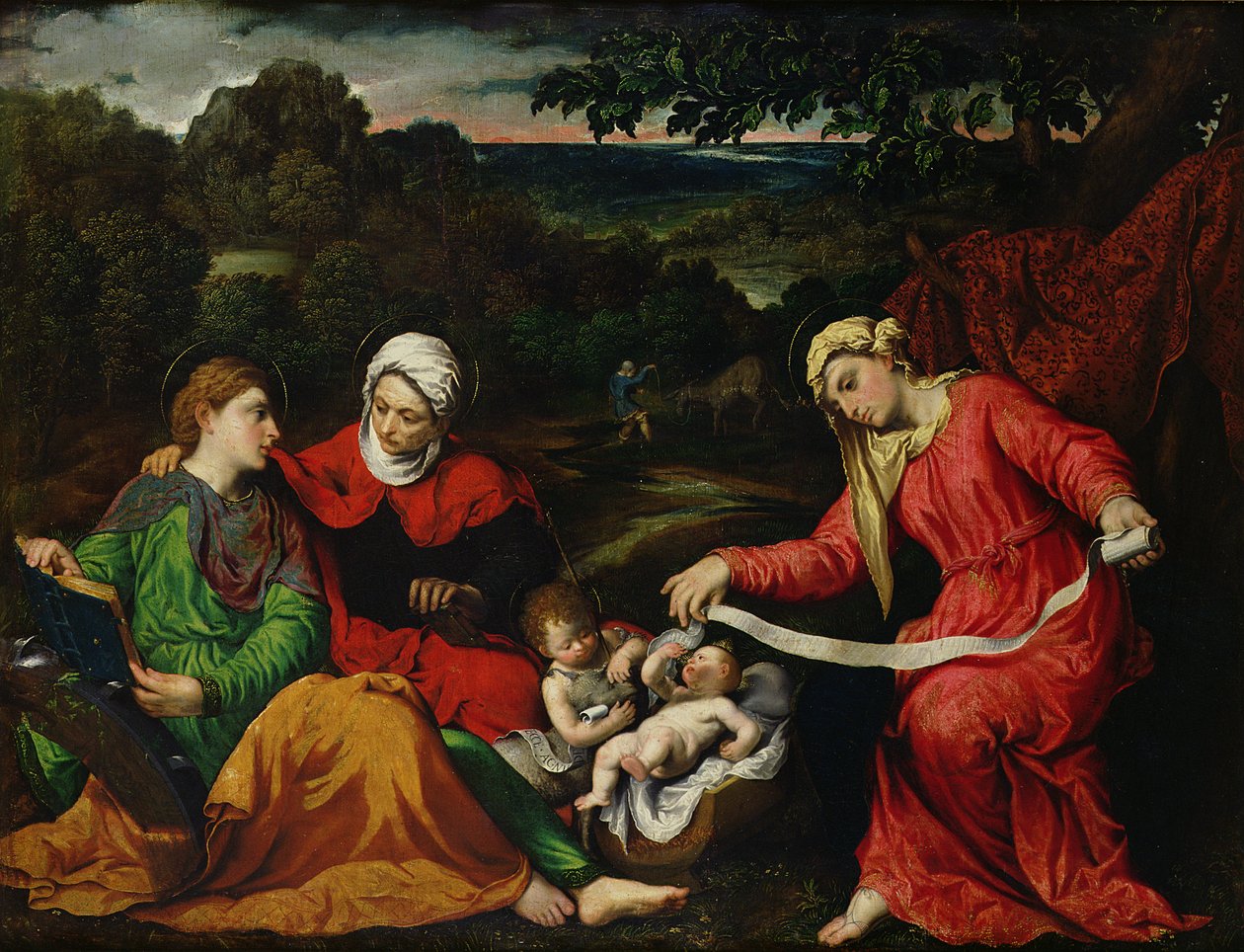 Hvil på flukten til Egypt med døperen Johannes, St. Elizabeth og St. Katarina ca. 1545 av Paris Bordone