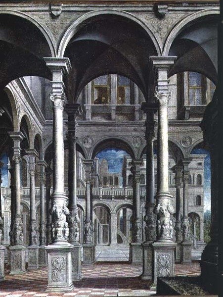 Bebudelsen, detalj om arkitektur, 1545-50 (detalj av 89723) av Paris Bordone
