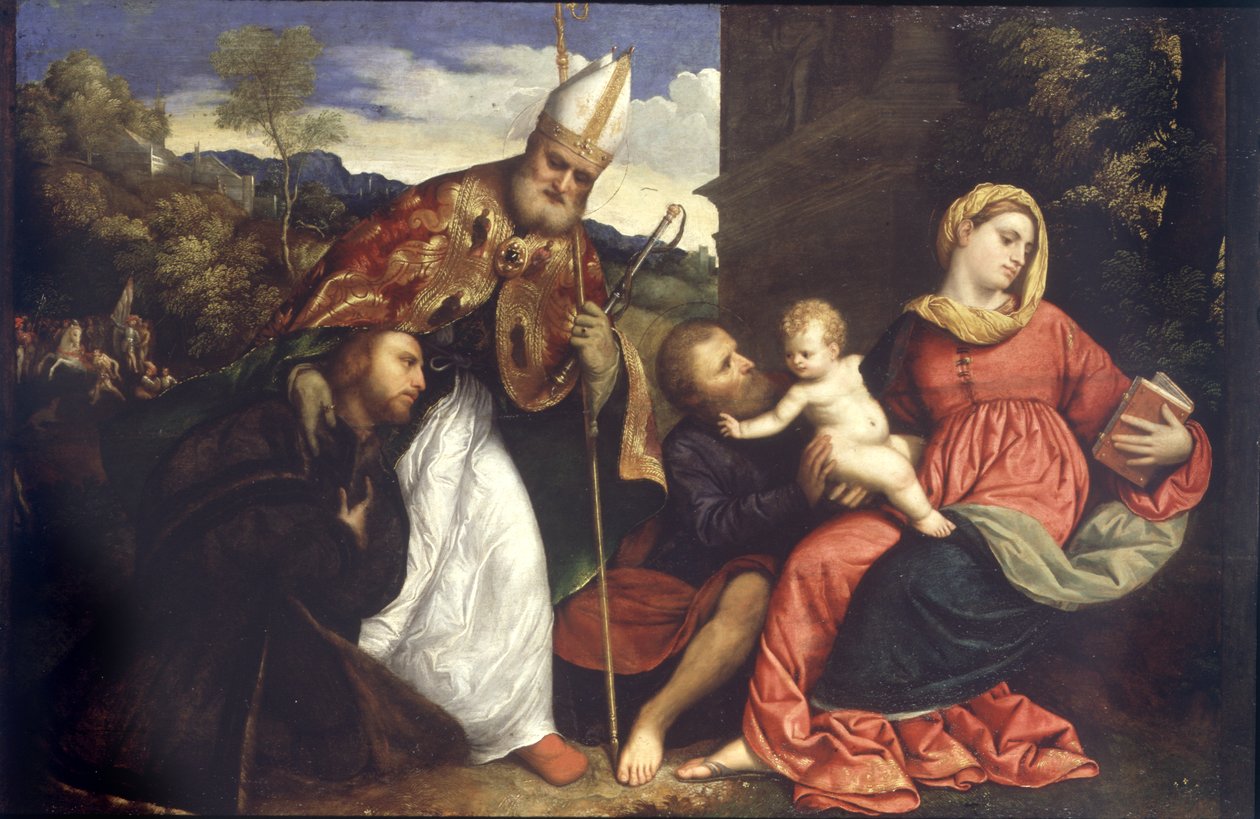 Hellig familie med St. Ambrosius som presenterer en giver, ca. 1525 (olje på panel) av Paris Bordone