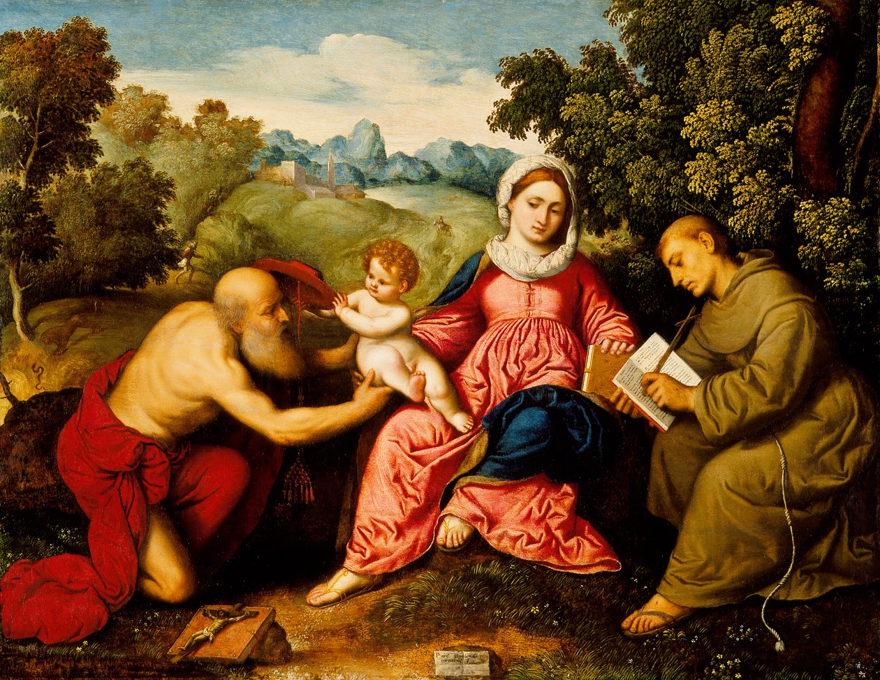 Madonna og barn med de hellige Hieronymus og Frans, ca. 1525 av Paris Bordone