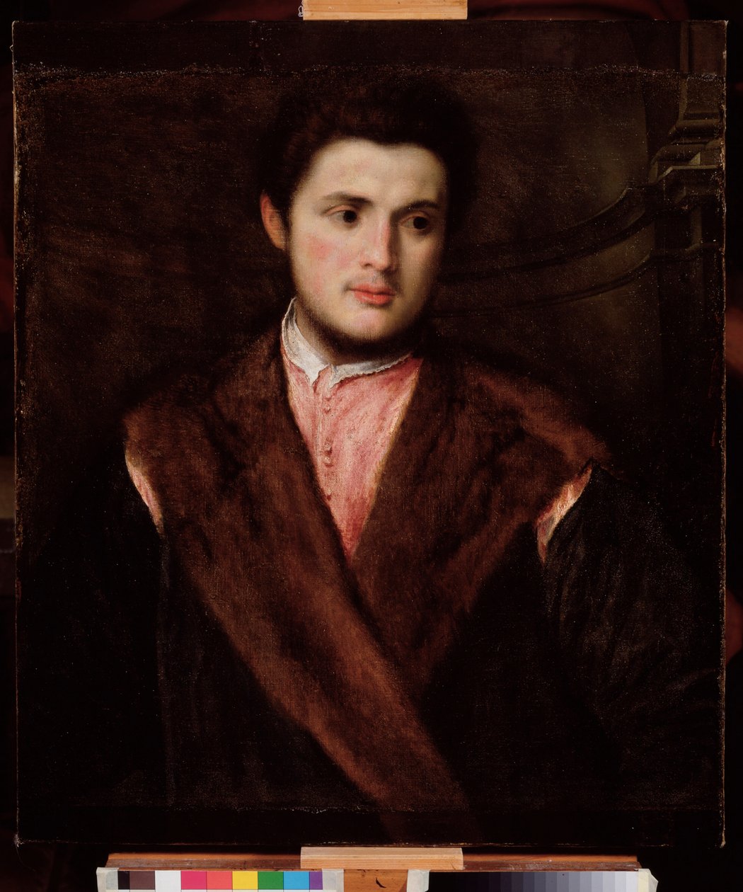 Portrett av en ung mann iført pels Maleri av Paris Bordon (1500-1571) 1500-tallet Dim 75x64 cm Genes Musei di Strada Nuova (ex Palazzo Rosso) av Paris Bordone
