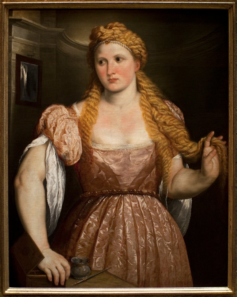 Portrett av en ung kvinne. Maleri av Paris Bordone (eller Bordon) (1495-1571), olje på lerret, ca. 1550. Italiensk kunst (Venezia) av Paris Bordone