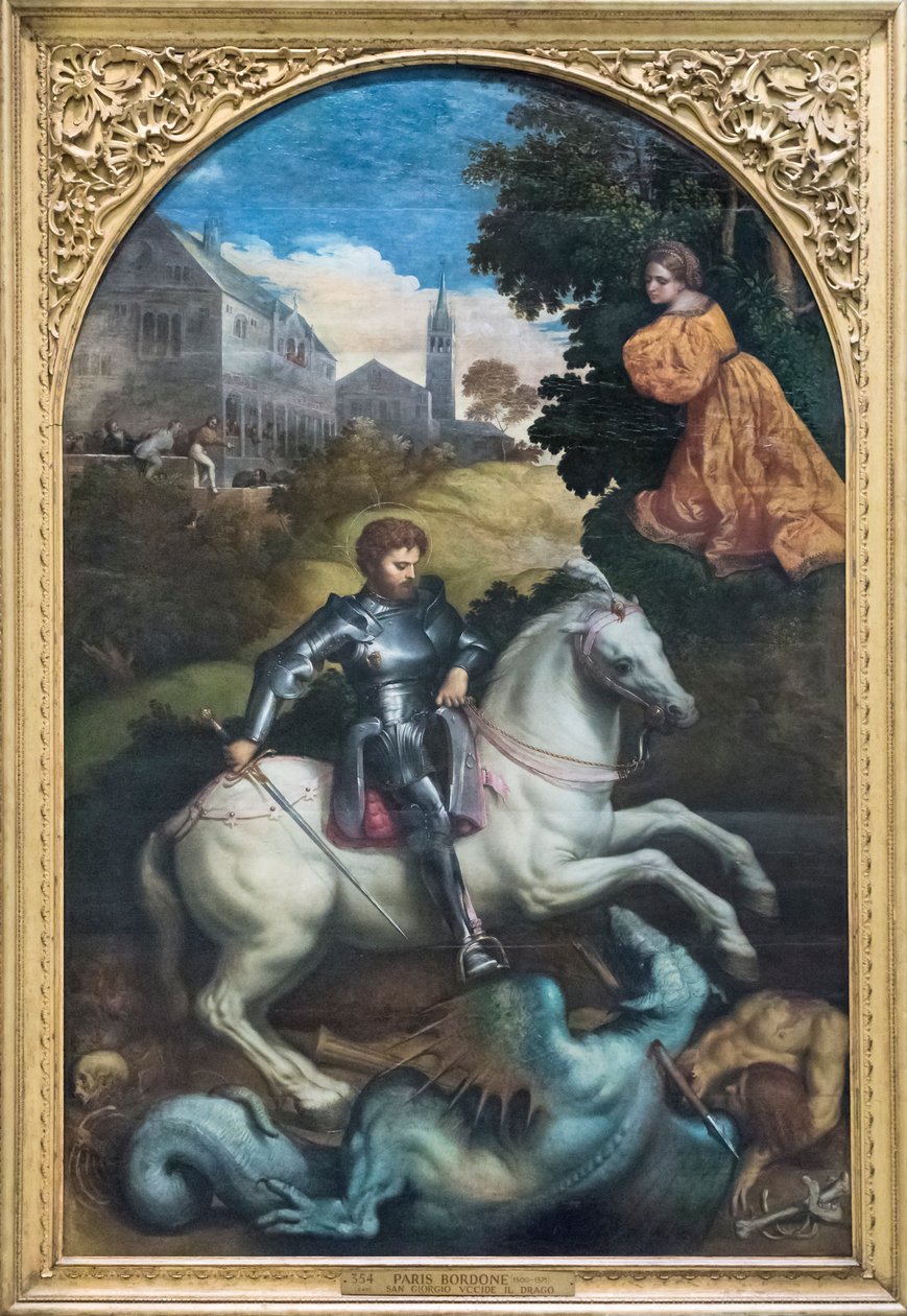 Saint George Killing the Dragon (olje på lerret) av Paris Bordone