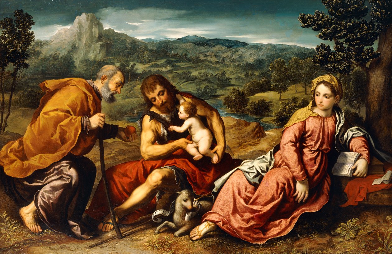 Den hellige familie med døperen Johannes i et landskap, 1545-50 av Paris Bordone
