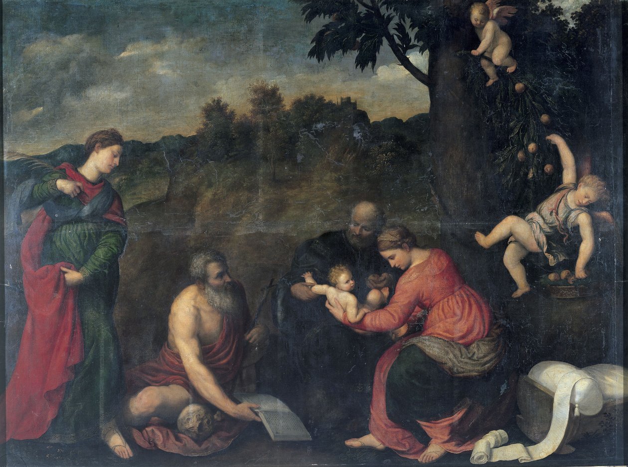 Den hellige familie med de hellige Jerome, Katarina av Alexandria og engler (olje på lerret) av Paris Bordone