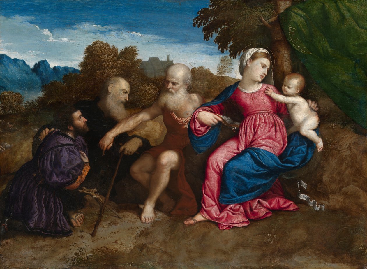 Jomfru Maria og barnet med de hellige Hieronymus og Anthony Abbed og en giver, ca. 1522 (olje på poppelpanel) av Paris Bordone