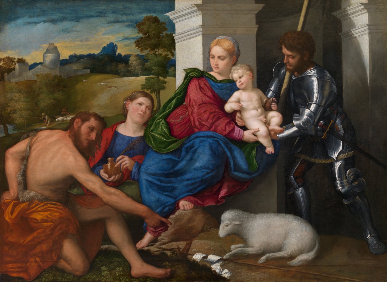 Jomfruen og barnet med de hellige døperen Johannes, Maria Magdalena og Georg (muligens), ca. 1524 (olje på panel) av Paris Bordone