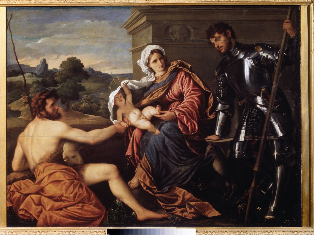 "Madonna and Child, Saint John the Baptist and Saint George" (Madonna and Child, Saint John the Baptist og Saint George) Maleri av Paris Bordon eller Bordone (1500-1571) rundt 1530 Pouchkine Museum, Moskva av Paris Bordone