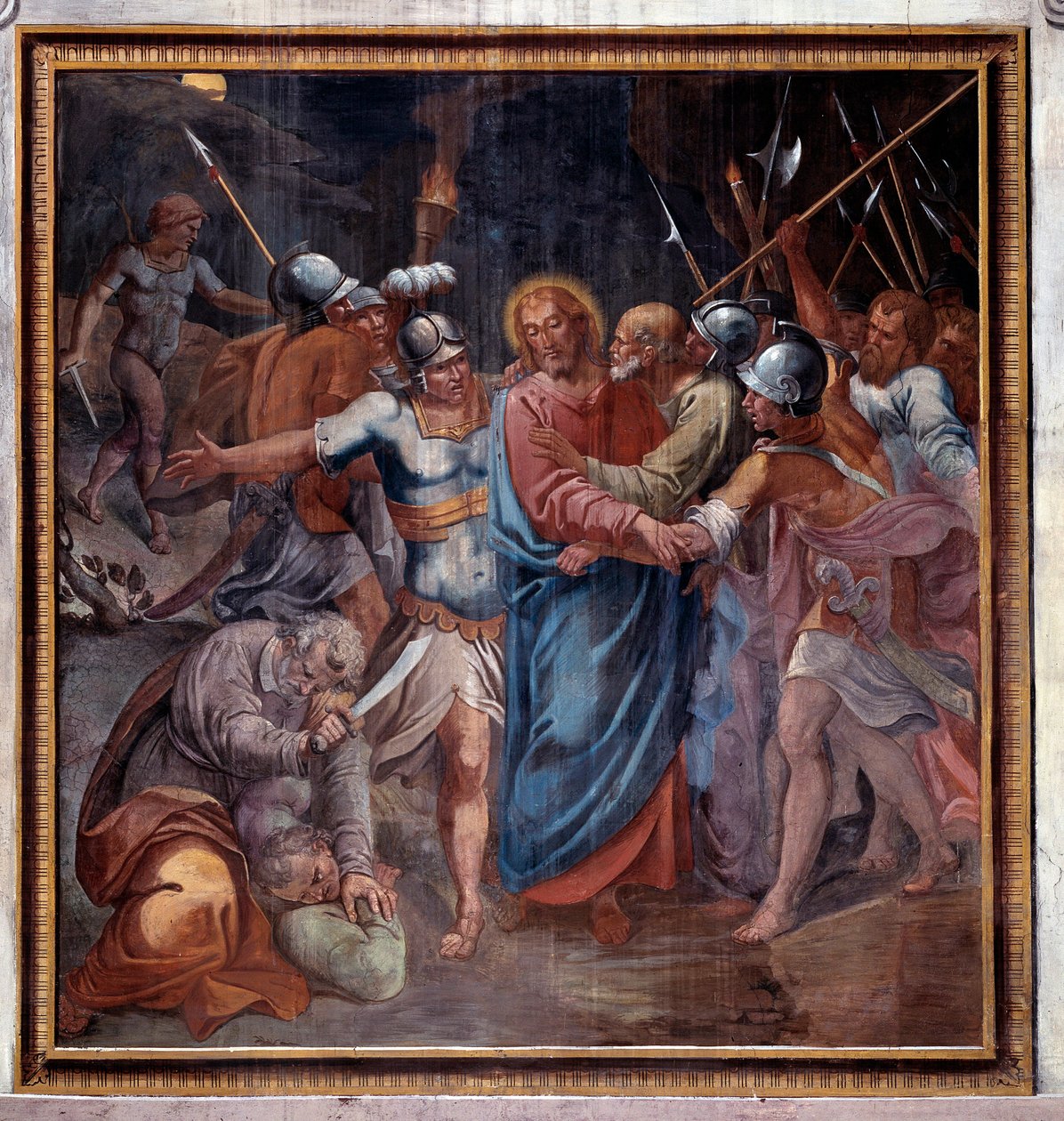 Livet til Kristus: "" Judas kyss og fangst av Kristus"" (Kristi lidenskap, Judas kyss og fangst av Jesus) Fresco av Paris Nogari (1536-1601) 1594-1600 Roma Church of Santa Prassede (Santa) Prassede) Italia av Paris Nogari