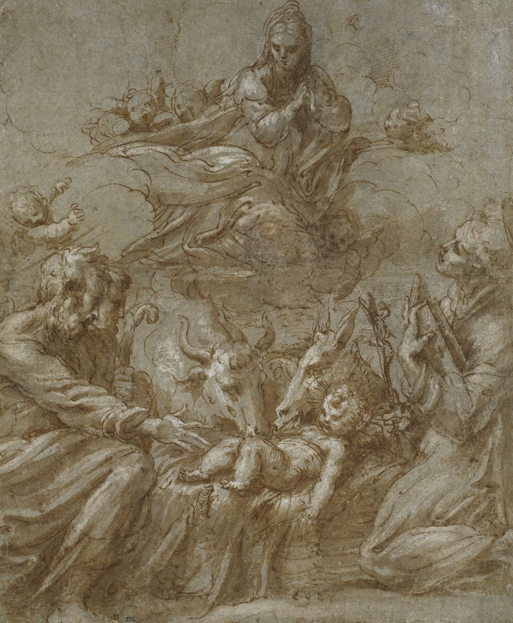 The Nativity of Christ (penn og brunt blekk vasket i grått og forsterket med hvit kroppsfarge på blågrått papir) av Parmigianino