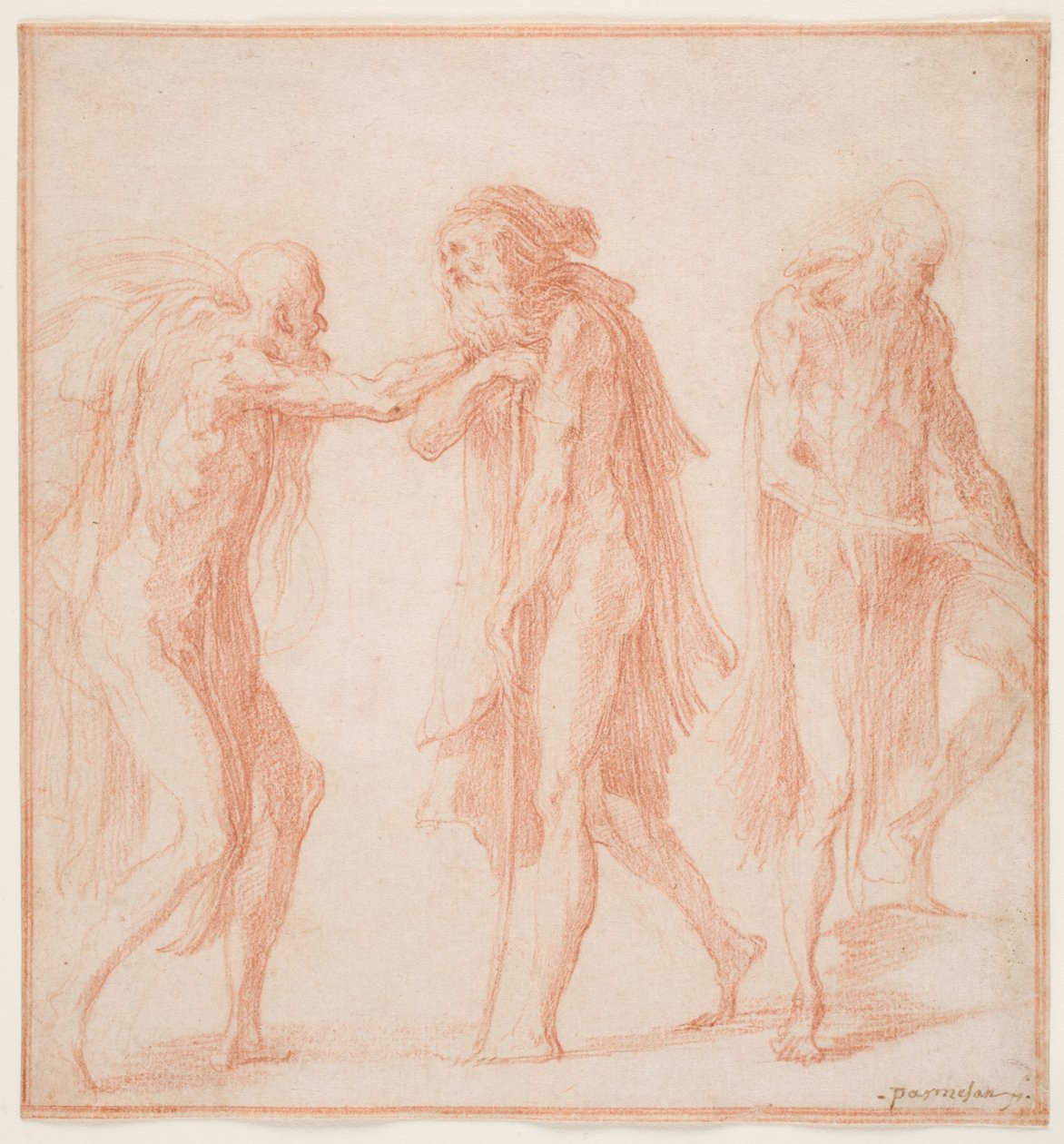 Three Old Men, ca. 1535 (rødt kritt på papir) av Parmigianino