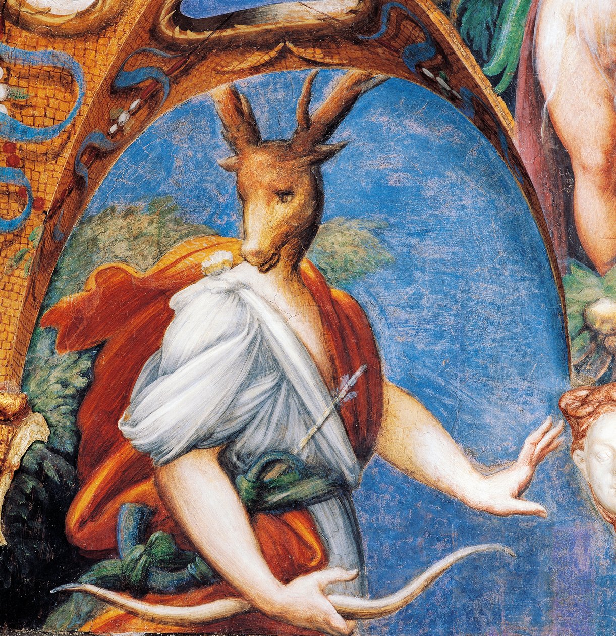 Actaeons transformasjon til hjort, fra Myth of Diana and Actaeon, rundt 1524, av Francesco Mazzola kjent som Parmigianino (1503-1540), freskomaleri, Room of Diana and Actaeon, Rocca Sanvitale, Fontanellato, nær Parma, Emilia-Romagna, Italia av Parmigianino