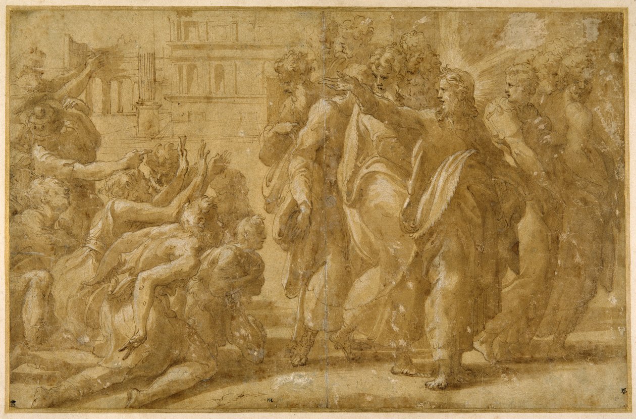 Kristus med sine disipler helbreder spedalske (penn, blekk, vask og kroppsfarge på papir) av Parmigianino (1503 40)