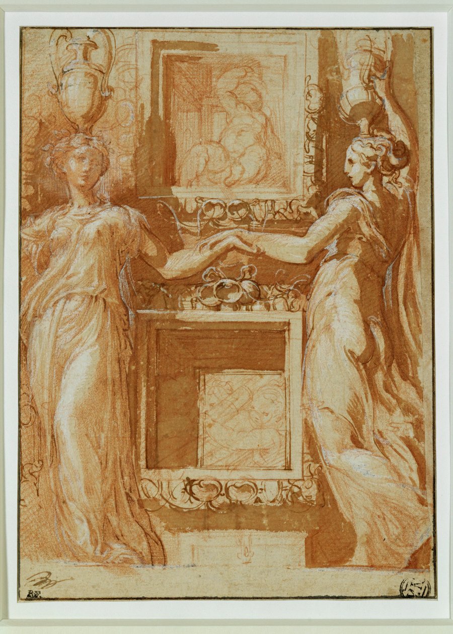 To kaneforer som holder hender på hver side av eskene... av Parmigianino (1503-40)