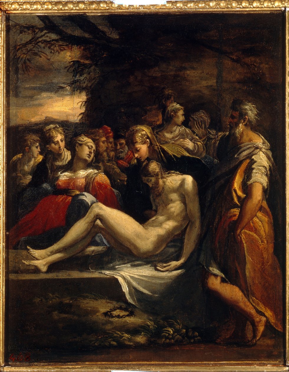Kristi gravlegging. Kristi legeme plassert i et begravelseslikklede av Jomfru Maria, Maria Magdalena og Johannes. Maleri av Parmigianino (1503-1540), olje på lerret. Italiensk kunst (Parma) av Parmigianino