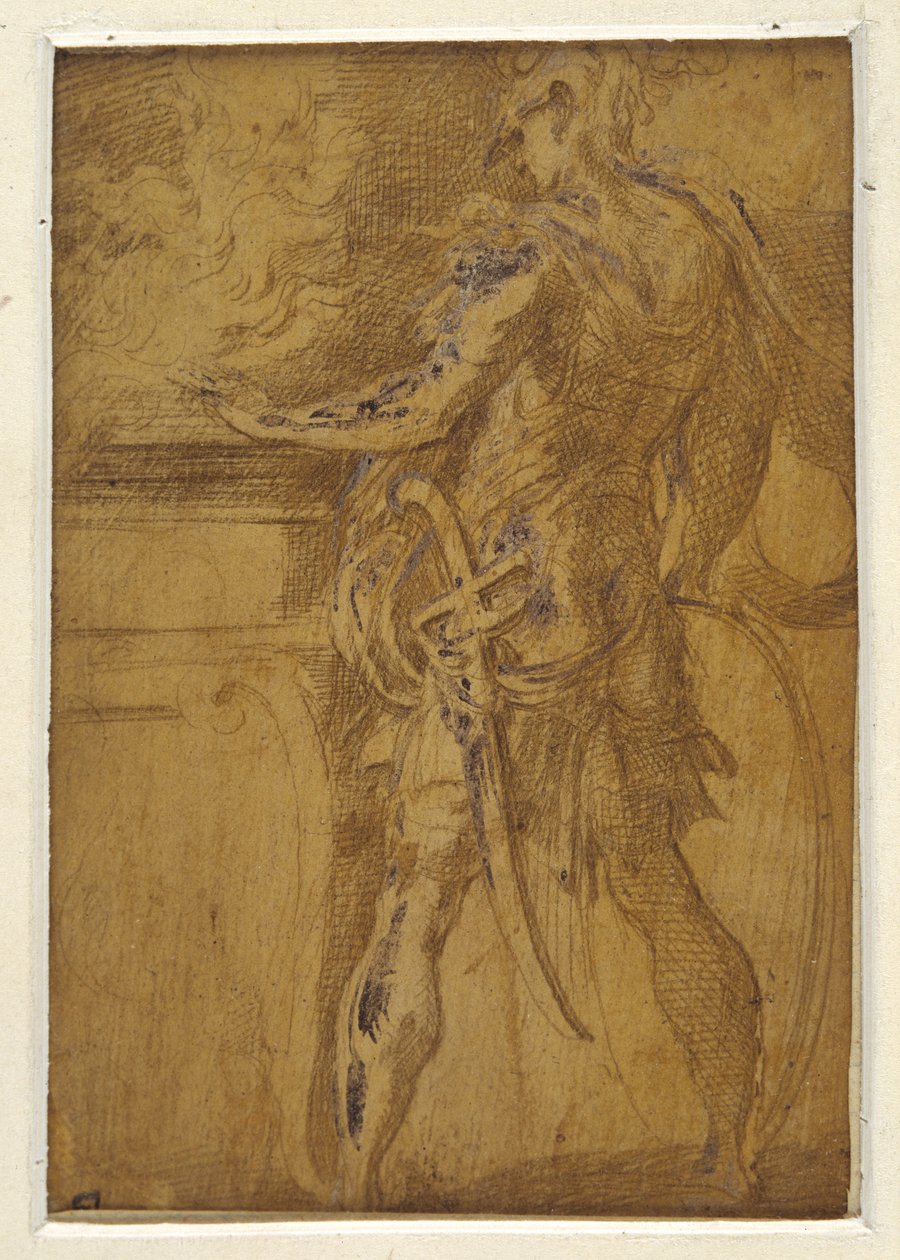 Mucius Scaevola stakk hånden inn i flammene (metallspiss på gulaktig grunn, berørt med hvit kroppsfarge på papir) av Parmigianino (1503 40)