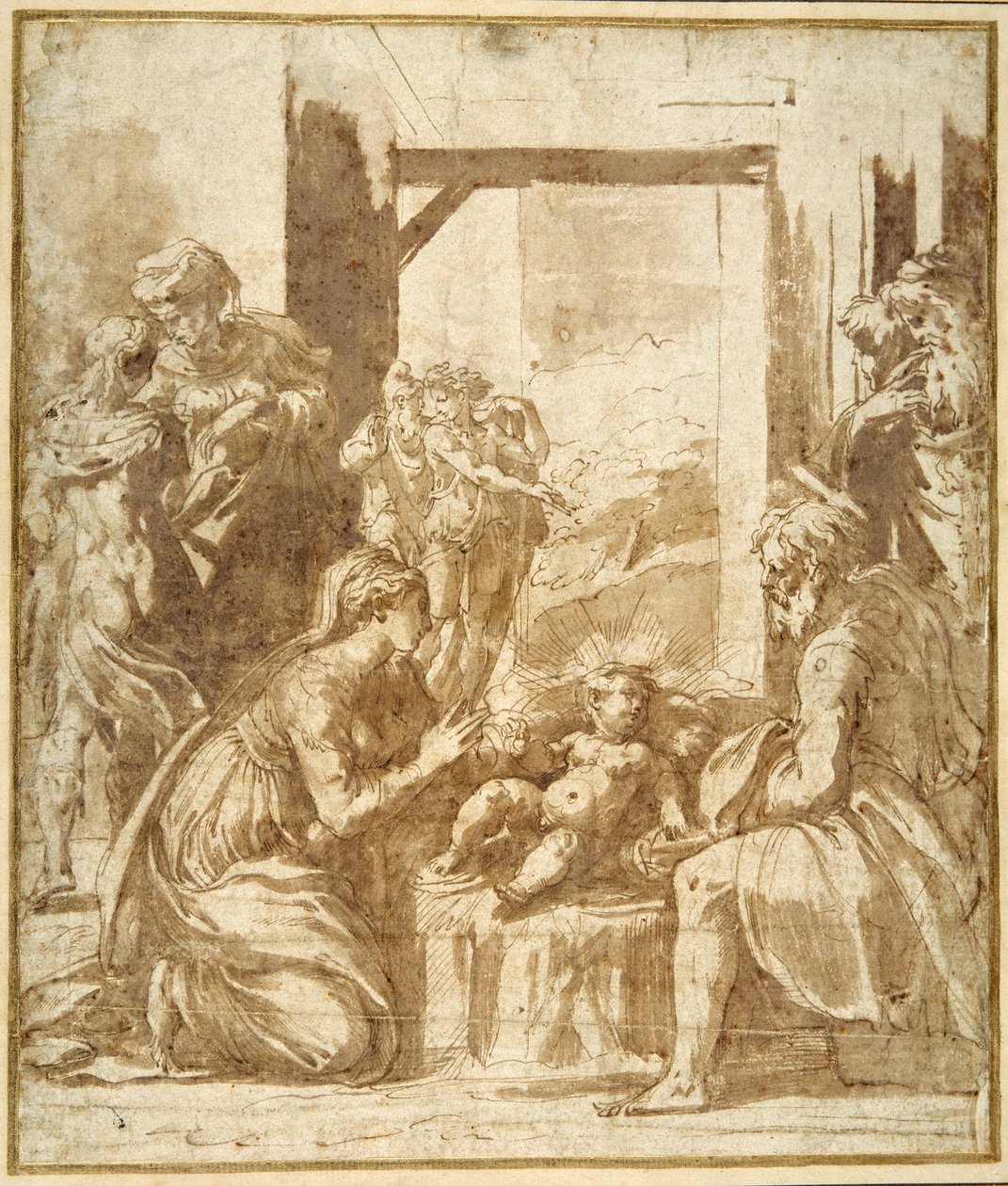 The Nativity (penn og brunt blekk med brun vask på hvitt papir) av Parmigianino