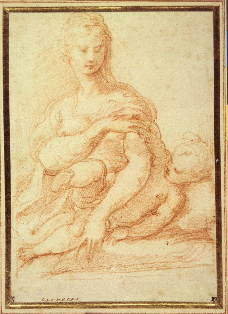 Jomfruen leker med barnet på fanget (rødt kritt på hvitt papir) av Parmigianino