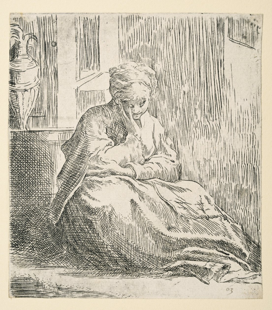 Kvinne sittende på bakken, kjent som Saint Thais (Etching) av Parmigianino