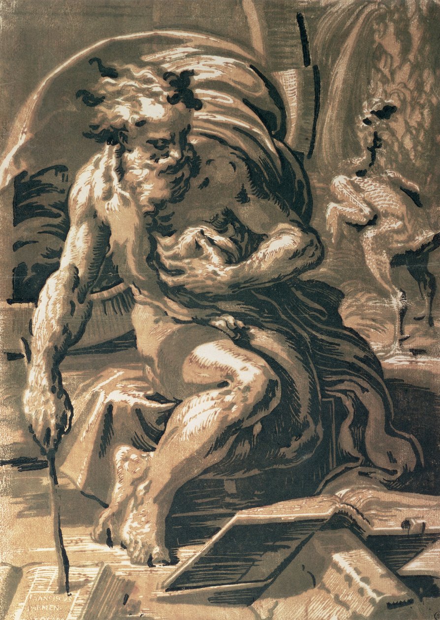 Diogenes, gravert av Ugo da Carpi (1470/80-1532) (chiaroscuro tresnitt) av Parmigianino 