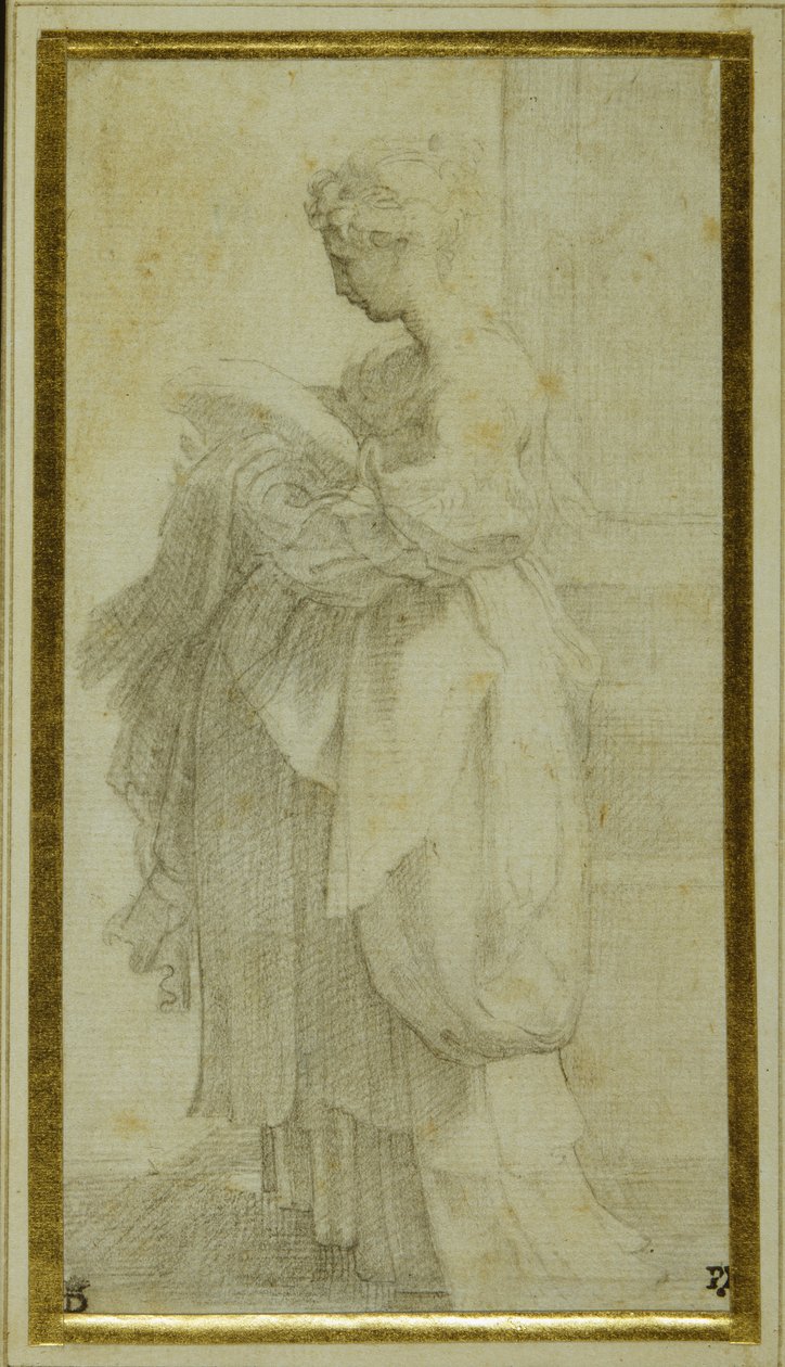 Stående figur av en jente med store draperier (svart kritt på hvitt papir) av Parmigianino 