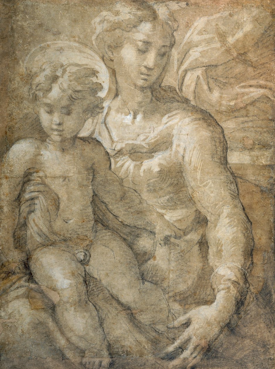 Jomfru med barnet på fanget (svart kritt med brun vask og hvit kroppsfarge på papir) av Parmigianino 